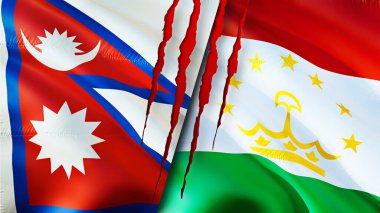 Yara izi olan Nepal ve Tacikistan bayrakları. Dalgalanan bayrak, 3 boyutlu görüntüleme. Nepal ve Tacikistan çatışma konsepti. Nepal Tacikistan ilişkileri kavramı. Nepal ve Tacikistan bayrağı krizi, savaş, attac