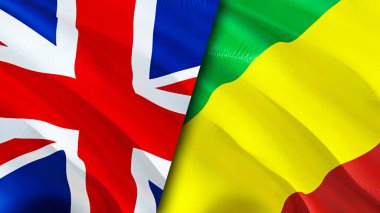 Birleşik Krallık ve Kongo bayrakları. 3 boyutlu dalgalanan bayrak tasarımı. Birleşik Krallık Kongo bayrağı, resim, duvar kağıdı. Birleşik Krallık, Kongo 'ya karşı, görüntü 3 boyutlu. Birleşik Krallık Kongo ilişkileri ittifakı