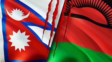 Yara izi olan Nepal ve Malawi bayrakları. Dalgalanan bayrak, 3 boyutlu görüntüleme. Nepal ve Malawi çatışma konsepti. Nepal Malavi ilişkileri kavramı. Nepal ve Malawi krizi bayrağı, savaş, saldırı konsepti