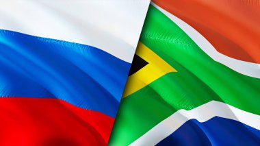 Rusya ve Güney Afrika bayrakları. 3 boyutlu dalgalanan bayrak tasarımı. Rusya Güney Afrika bayrağı, resim, duvar kağıdı. Rusya, Güney Afrika imajına karşı, 3D görüntüleme. Rusya Güney Afrika ilişkileri bir ittifak