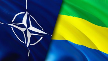 NATO ve Gabon bayrakları. 3 boyutlu dalgalanan bayrak tasarımı. Gabon NATO bayrağı, resim, duvar kağıdı. NATO Gabon 'a karşı, görüntü 3 boyutlu. NATO Gabon ilişkileri ittifak ve ticaret, seyahat, turizm konsepti