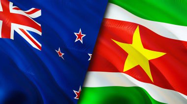 Yeni Zelanda ve Surinam bayrakları. 3 boyutlu dalgalanan bayrak tasarımı. Yeni Zelanda Surinam bayrağı, resim, duvar kağıdı. Yeni Zelanda Surinam 'a karşı, görüntü 3 boyutlu. Yeni Zelanda Surinam ilişkileri savaş ittifakı