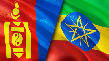 Moğolistan ve Etiyopya bayrakları. 3 boyutlu dalgalanan bayrak tasarımı. Moğolistan Etiyopya bayrağı, resim, duvar kağıdı. Moğolistan Etiyopya 'ya karşı, görüntü 3 boyutlu. Moğolistan Etiyopya ilişkileri ittifak ve ticaret, seyahat, turnuva
