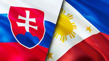 Slovakya ve Filipinler bayrakları. 3 boyutlu dalgalanan bayrak tasarımı. Slovakya Filipinleri bayrağı, resim, duvar kağıdı. Slovakya Filipinler 'e karşı, görüntü 3 boyutlu. Slovakya Filipinler İttifakı