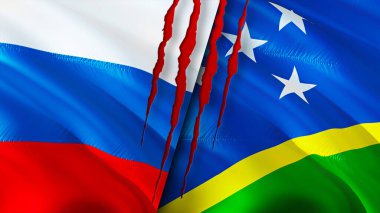 Rusya ve Solomon Adaları yara izi olan bayraklar. Dalgalanan bayrak, 3 boyutlu görüntüleme. Rusya ve Solomon Adaları çatışma konsepti. Rusya Solomon Adaları ilişkileri kavramı. Rusya ve Solomo bayrağı