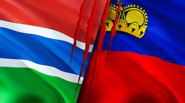 Gambiya ve Lihtenştayn bayrakları yara izi konseptiyle. Dalgalanan bayrak, 3 boyutlu görüntüleme. Gambia ve Lihtenştayn çatışma konsepti. Gambia Liechtenstein ilişkileri kavramı. Gambiya ve Liechtenstei bayrağı
