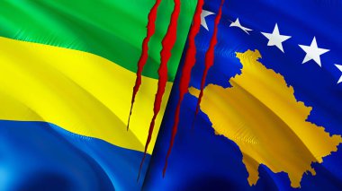 Gabon ve Kosova yara izi kavramına sahip bayraklar. Dalgalanan bayrak, 3 boyutlu görüntüleme. Gabon ve Kosova ihtilaf kavramı. Gabon Kosova ilişkileri kavramı. Gabon bayrağı ve Kosova krizi, savaş, saldırı konsepti