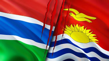 Gambiya ve Kiribati bayraklarında yara izi var. Dalgalanan bayrak, 3 boyutlu görüntüleme. Gambiya ve Kiribati çatışma konsepti. Gambiya Kiribati ilişkileri kavramı. Gambiya bayrağı ve Kiribati krizi, savaş, saldırı konsepti