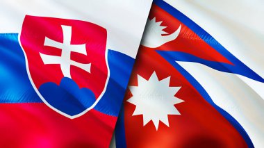 Slovakya ve Nepal bayrakları. 3 boyutlu dalgalanan bayrak tasarımı. Slovakya Nepal bayrağı, resim, duvar kağıdı. Slovakya, Nepal imajına karşı, 3D görüntüleme. Slovakya Nepal ilişkileri ittifak ve ticaret, seyahat, turizm konsepti