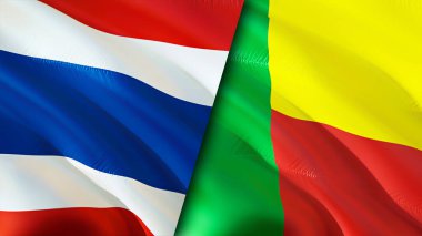 Tayland ve Benin bayrakları. 3 boyutlu dalgalanan bayrak tasarımı. Tayland Benin bayrağı, resim, duvar kağıdı. Tayland, Benin 'e karşı, görüntü 3 boyutlu. Tayland Benin ilişkileri ittifak ve ticaret, seyahat, turizm konsepti