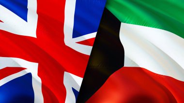 İngiltere ve Kuveyt bayrakları. 3 boyutlu dalgalanan bayrak tasarımı. Birleşik Krallık Kuveyt bayrağı, resim, duvar kağıdı. Birleşik Krallık Kuveyt 'e karşı, görüntü 3 boyutlu. Birleşik Krallık Kuveyt ilişkileri