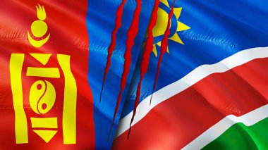 Yara izi olan Moğolistan ve Namibya bayrakları. Dalgalanan bayrak, 3 boyutlu görüntüleme. Moğolistan ve Namibya çatışma konsepti. Moğolistan Namibya ilişkileri kavramı. Moğolistan bayrağı ve Namibya krizi, savaş, attac