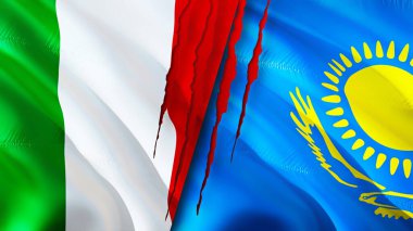İtalya ve Kazakistan yara izi kavramına sahip bayraklar. Dalgalanan bayrak, 3 boyutlu görüntüleme. İtalya ve Kazakistan çatışma konsepti. İtalya Kazakistan ilişkileri kavramı. İtalya ve Kazakistan bayrağı krizi, savaş, attac
