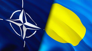 NATO ve Palau bayrakları. 3 boyutlu dalgalanan bayrak tasarımı. Palau NATO bayrağı, resim, duvar kağıdı. NATO, Palau 'ya karşı, görüntü 3 boyutlu. NATO Palau ilişkileri ittifak ve ticaret, seyahat, turizm konsepti