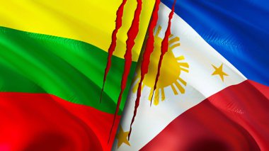 Yara izi olan Litvanya ve Filipinler bayrakları. Dalgalanan bayrak, 3 boyutlu görüntüleme. Litvanya ve Filipinler çatışması konsepti. Litvanya Filipinler ilişkileri konsepti. Litvanya ve Filipin bayrağı