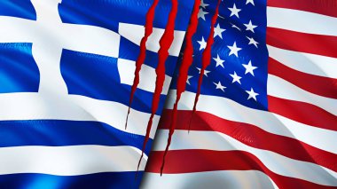 Yara izi olan Yunanistan ve ABD bayrakları. Dalgalanan bayrak, 3 boyutlu görüntüleme. Yunanistan ve ABD çatışma konsepti. Yunanistan ABD ilişkileri kavramı. Yunanistan bayrağı ve ABD krizi, savaş, saldırı konsepti