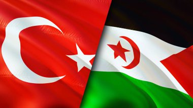 Hindi ve Batı Sahra bayrakları. 3 boyutlu dalgalanan bayrak tasarımı. Hindi Batı Sahra bayrağı, resim, duvar kağıdı. Türkiye, Batı Sahra 'ya karşı, görüntü 3D. Türkiye Batı Sahra ilişkileri ittifakı