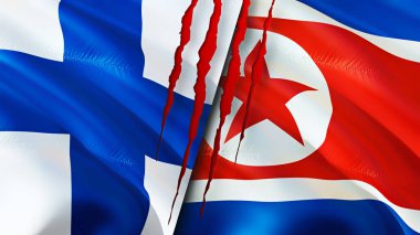 Finlandiya ve Kuzey Kore yara izi kavramına sahip bayraklar. Dalgalanan bayrak, 3 boyutlu görüntüleme. Finlandiya ve Kuzey Kore çatışma konsepti. Finlandiya Kuzey Kore ilişkileri kavramı. Finlandiya ve Kuzey Kore bayrağı