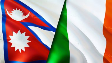 Nepal ve İrlanda bayrakları. 3 boyutlu dalgalanan bayrak tasarımı. Nepal İrlanda bayrağı, resim, duvar kağıdı. Nepal, İrlanda 'ya karşı. Görüntü 3 boyutlu. Nepal İrlanda ilişkileri ittifak ve ticaret, seyahat, turizm konsepti