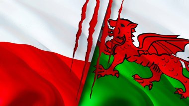 Yara izi olan Polonya ve Galler bayrakları. Dalgalanan bayrak, 3 boyutlu görüntüleme. Polonya ve Galler çatışması konsepti. Polonya Galler ilişkileri kavramı. Polonya ve Galler bayrağı krizi, savaş, saldırı konsepti