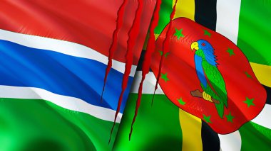 Gambiya ve Dominika bayrakları yara izi konseptiyle. Dalgalanan bayrak, 3 boyutlu görüntüleme. Gambiya ve Dominica çatışma konsepti. Gambiya Dominika ilişkileri kavramı. Gambiya ve Dominika bayrağı krizi, savaş, saldırı konsepti