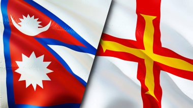 Nepal ve Guernsey bayrakları. 3 boyutlu dalgalanan bayrak tasarımı. Nepal Guernsey bayrağı, resim, duvar kağıdı. Nepal, Guernsey 'e karşı, görüntü 3 boyutlu. Nepal Guernsey ilişkileri ittifak ve ticaret, seyahat, turizm konsepti