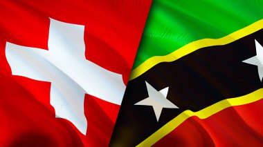 İsviçre, Saint Kitts ve Nevis bayrakları. 3 boyutlu dalgalanan bayrak tasarımı. İsviçre Saint Kitts ve Nevis bayrağı, resim, duvar kağıdı. İsviçre, Saint Kitts ve Nevis 'e karşı, görüntü 3D. İsviçre