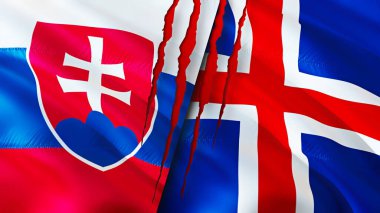 Slovakya ve İzlanda yara izi kavramına sahip bayraklar. Dalgalanan bayrak, 3 boyutlu görüntüleme. Slovakya ve İzlanda çatışma konsepti. Slovakya İzlanda ilişkileri kavramı. Slovakya bayrağı ve İzlanda krizi, savaş, attac