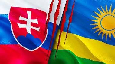 Slovakya ve Ruanda bayrakları yara izi konseptiyle. Dalgalanan bayrak, 3 boyutlu görüntüleme. Slovakya ve Ruanda çatışma konsepti. Slovakya Ruanda ilişkileri kavramı. Slovakya ve Ruanda bayrağı krizi, savaş, saldırı konsepti