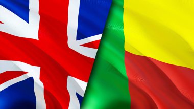 Birleşik Krallık ve Benin bayrakları. 3 boyutlu dalgalanan bayrak tasarımı. Birleşik Krallık Benin bayrağı, resim, duvar kağıdı. Birleşik Krallık, Benin 'e karşı, görüntü 3 boyutlu. Birleşik Krallık Benin ilişkileri ittifakı