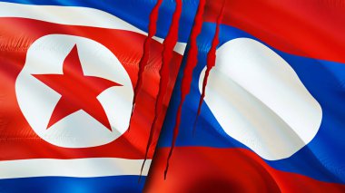 Kuzey Kore ve Laos bayraklarında yara izi var. Dalgalanan bayrak, 3 boyutlu görüntüleme. Kuzey Kore ve Laos çatışma konsepti. Kuzey Kore Laos ilişkileri kavramı. Kuzey Kore bayrağı ve Laos krizi, savaş, attac