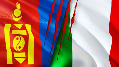 Moğolistan ve İtalya yara izi olan bayraklar. Dalgalanan bayrak, 3 boyutlu görüntüleme. Moğolistan ve İtalya çatışma konsepti. Moğolistan İtalya ilişkileri kavramı. Moğolistan ve İtalya bayrağı kriz, savaş, saldırı konsepti