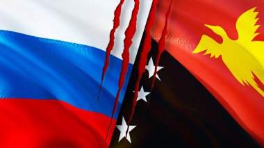 Rusya ve Papua Yeni Gine bayraklarında yara izi var. Dalgalanan bayrak, 3 boyutlu görüntüleme. Rusya ve Papua Yeni Gine çatışma konsepti. Rusya Papua Yeni Gine ilişkileri kavramı. Rusya ve Papua Ne bayrağı
