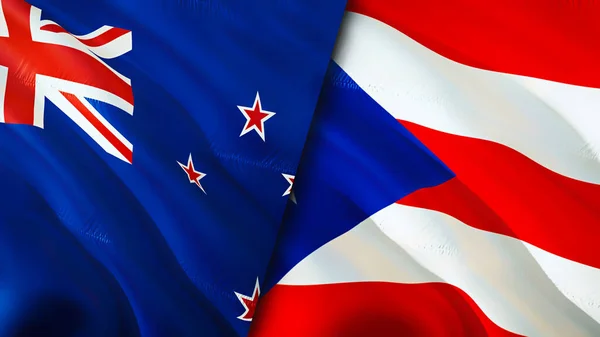 新西兰和波多黎各的国旗 3D波浪旗帜设计 新西兰波多黎各国旗 新西兰对波多黎各图像 3D渲染 新西兰 波多黎各关系A — 图库照片