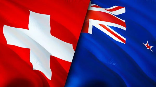 瑞士和新西兰的国旗 3D波浪旗帜设计 瑞士新西兰国旗 瑞士对新西兰的图像 3D渲染 瑞士新西兰的关系 — 图库照片