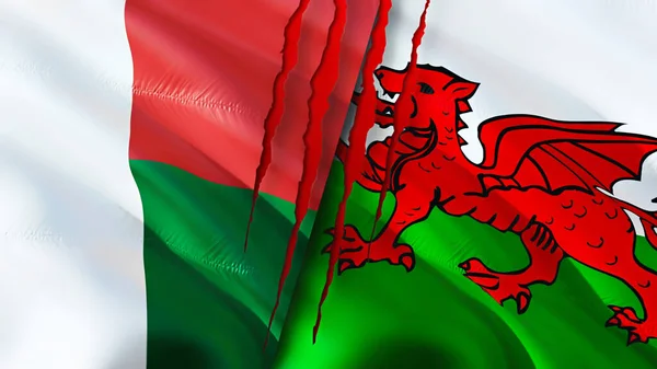 Madagaskar Wales Vlaggen Met Litteken Concept Wuivende Vlag Weergave Concept — Stockfoto