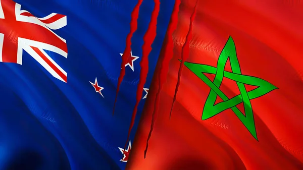 New Zealand and Morocco flags with scar concept. Waving flag 3D rendering. New Zealand and Morocco conflict concept. New Zealand Morocco relations concept. flag of New Zealand and Morocc