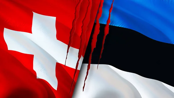 Switzerland and Estonia flags with scar concept. Waving flag,3D rendering. Switzerland and Estonia conflict concept. Switzerland Estonia relations concept. flag of Switzerland and Estoni