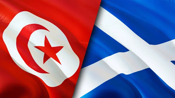 Tunisia and Scotland flags. 3D Waving flag design. Tunisia Scotland flag, picture, wallpaper. Tunisia vs Scotland image,3D rendering. Tunisia Scotland relations alliance and Trade,travel,touris