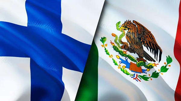 Finland and Mexico flags. 3D Waving flag design. Finland Mexico flag, picture, wallpaper. Finland vs Mexico image,3D rendering. Finland Mexico relations alliance and Trade,travel,tourism concep