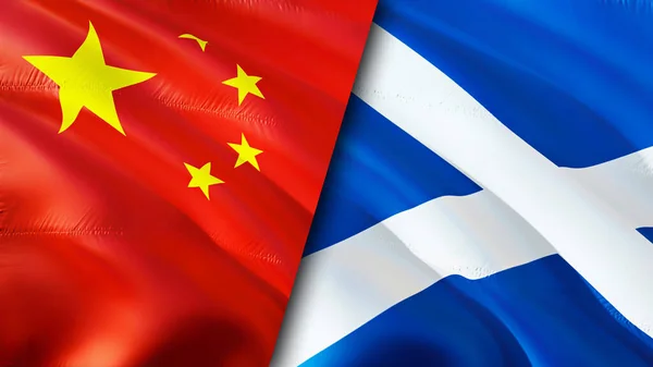 China and Scotland flags. 3D Waving flag design. China Scotland flag, picture, wallpaper. China vs Scotland image,3D rendering. China Scotland relations alliance and Trade,travel,tourism concep