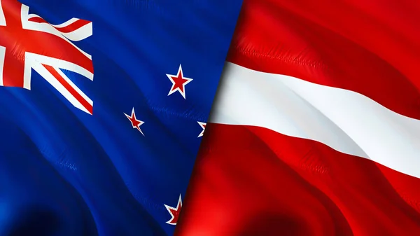 新西兰和拉脱维亚的国旗 3D波浪旗帜设计 新西兰拉脱维亚国旗 新西兰对拉脱维亚的图像 3D渲染 新西兰 拉脱维亚关系战争联盟的概念 — 图库照片