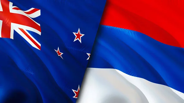 新西兰和塞尔维亚的国旗 3D波浪旗帜设计 新西兰塞尔维亚国旗 新西兰对塞尔维亚的图像 3D渲染 新西兰塞尔维亚关系联盟的概念 — 图库照片