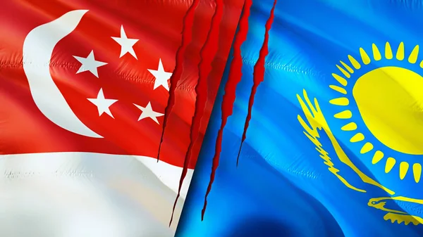 Singapur Kazajstán Banderas Con Concepto Cicatriz Bandera Ondeante Representación Singapur — Foto de Stock