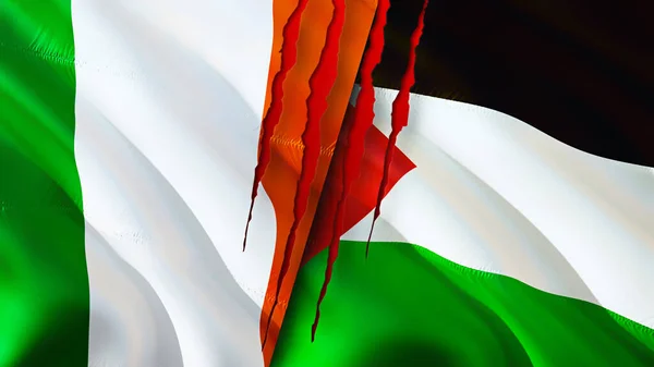 爱尔兰和巴勒斯坦具有伤疤概念的国旗 波浪旗3D渲染 爱尔兰和巴勒斯坦冲突概念 爱尔兰巴勒斯坦关系概念 爱尔兰国旗和巴勒斯坦危机 战争C — 图库照片