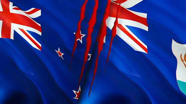 新西兰和安圭拉的国旗带有疤痕概念 波浪旗3D渲染 新西兰和安圭拉冲突概念 新西兰安圭拉关系概念 新西兰国旗和Anguill国旗 — 图库照片