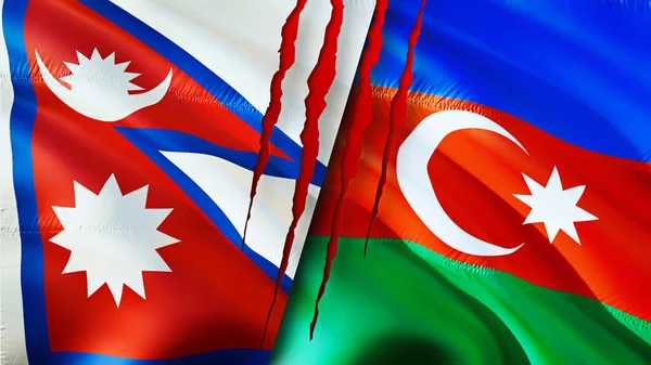 Nepal and Azerbaijan flags with scar concept. Waving flag,3D rendering. Nepal and Azerbaijan conflict concept. Nepal Azerbaijan relations concept. flag of Nepal and Azerbaijan crisis,war, attac