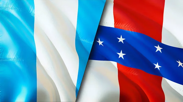 Guatemala and Netherlands Antilles flags. 3D Waving flag design. Guatemala Netherlands Antilles flag, picture, wallpaper. Guatemala vs Netherlands Antilles image,3D rendering. Guatemala Netherland