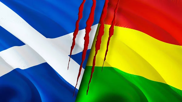 Scotland and Bolivia flags with scar concept. Waving flag,3D rendering. Scotland and Bolivia conflict concept. Scotland Bolivia relations concept. flag of Scotland and Bolivia crisis,war, attac