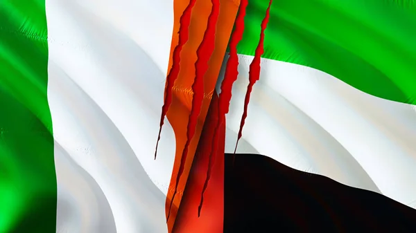Ireland and United Arab Emirates flags with scar concept. Waving flag 3D rendering. Ireland and United Arab Emirates conflict concept. Ireland United Arab Emirates relations concept. flag of Irelan